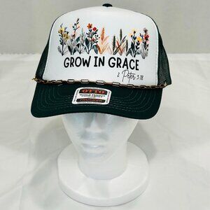 "Grow In Grace" Floral/Green/White Ladies Foam Trucker Hat w/ Chain - OTTO Brand